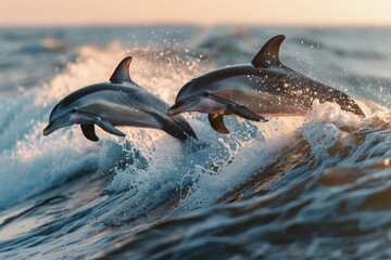 Fototapeta premium The spectacle of a pair of dolphins leaping joyfully from the ocean waves at dawn.