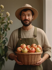 A gardener holding a basket filled with freshly picked apples, showcasing the bounty of spring harvests