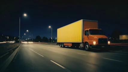 Foto op Plexiglas A semi-truck, painted in orange and white, drives down a highway at night © Big