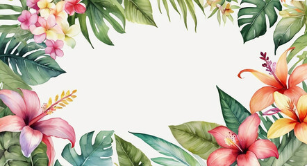 Tropical flowers and leaves with vibrant colors on a white background forming a frame with an empty center