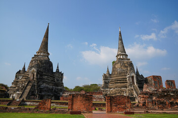 Fototapeta premium Wat Phra Si Sanphet One of the World Heritage Sites of Ayutthaya Province, Thailand, built in 1492, currently remaining in condition as seen in the picture, taken on 23-02-2024.