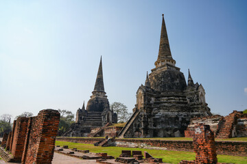 Fototapeta premium Wat Phra Si Sanphet One of the World Heritage Sites of Ayutthaya Province, Thailand, built in 1492, currently remaining in condition as seen in the picture, taken on 23-02-2024.
