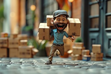 Cheerful animated delivery man carrying packages, logistics and fast shipping service concept
