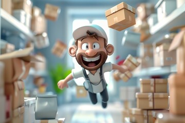 Animated delivery man happily flying with parcels, speedy and efficient postal service concept
