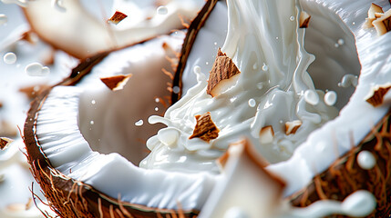 Close-up of a cracked coconut with splashing milk and coconut pieces flying