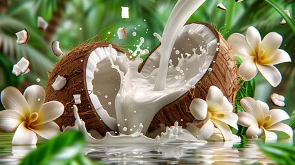 Gordijnen Coconut with milk splash surrounded by plumeria flowers and tropical leaves © weerasak