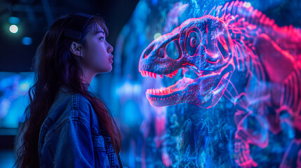 Young woman in a denim jacket mesmerized by a glowing neon dinosaur exhibit