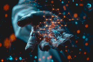 A scientist in a lab uses their hand to interact with a virtual molecular structure.