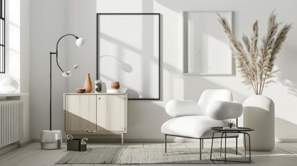 White canvas for mockup with blurred brick wall luxury room interior - obrazy, fototapety, plakaty