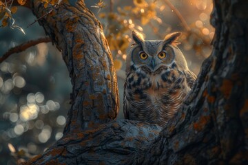 An owl perches atop an ancient oak tree at dusk.