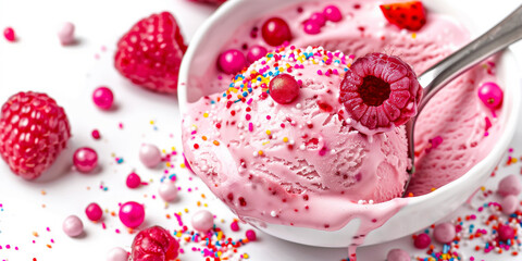 A scoop of strawberry or raspberry flavored ice cream presented on a white background. Complete with colorful sprinkles and toppings for extra sweetness