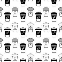 Seamless pattern of silhouette drawn disposable coffee cups with grains on it and lid. Background