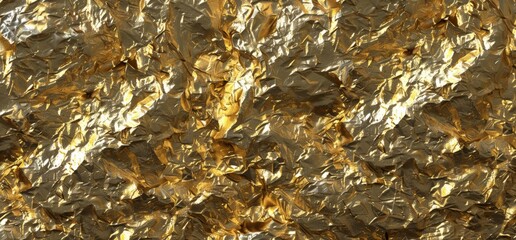 Detailed view of a textured gold foil with a shimmering surface reflecting light