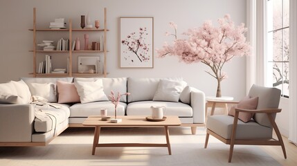 Fototapeta na wymiar Interior design of modern elegant living room inspired with scandinavian sophistication 