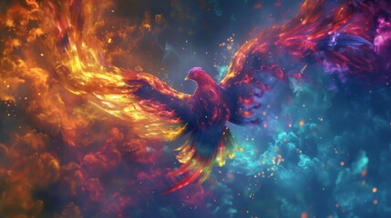 A mythical phoenix rising from the ashes with vivid colors, symbolizing a business revitalization, rendered in a realistic 3D style - obrazy, fototapety, plakaty