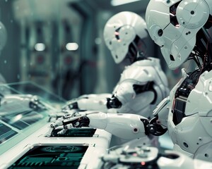 Futuristic robotic surgeons performing a surgery