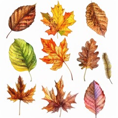 Clip art of various types of autumn leaves on a white background.