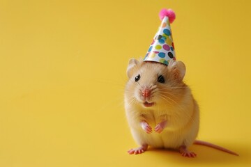 Fototapeta na wymiar A mouse is wearing a festive party hat against a bright yellow backdrop