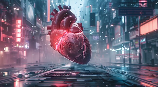 the heart is shown on a futuristic background, in the style of realistic hyperrealism, labcore