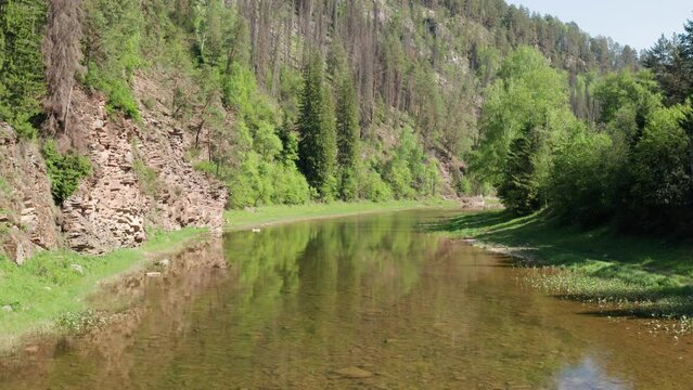 The Southern Urals in summer, the Zilim River in the Kultamak natural boundary. Aerial view.