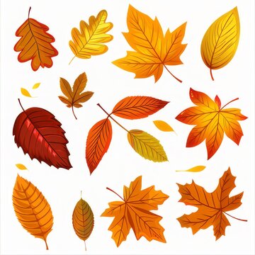 Clip art of various types of autumn leaves on a white background.