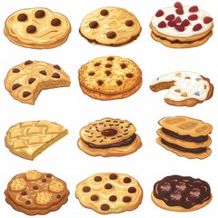 Clip art of various types of cookies on white background.