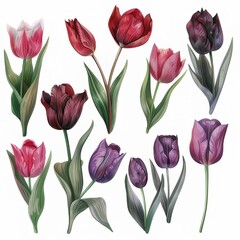 Obraz premium Clip art of various types of tulips on a white background.