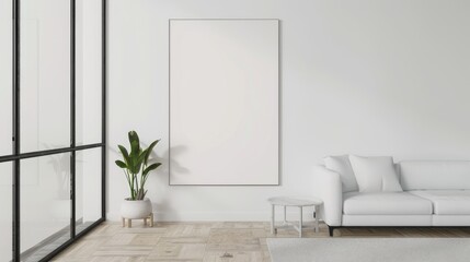 Fototapeta na wymiar White canvas for mockup with blurred brick wall room interior