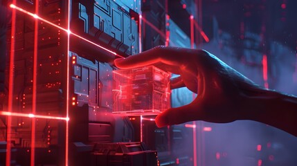 Unauthorized Access: Hand Reaches for Glowing Data Cube in Cyberpunk Computer System