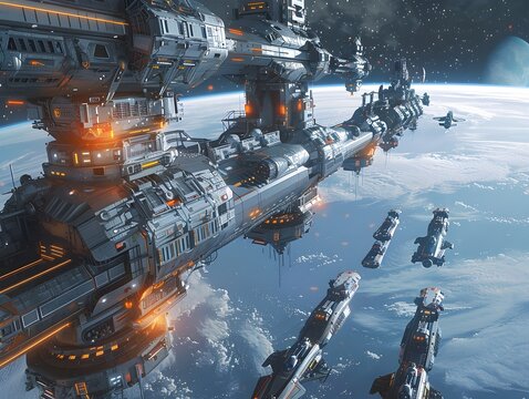 Space Station Orbiting Earth Surrounded by Majestic Array of Docked Ships in Retro-Futuristic Design