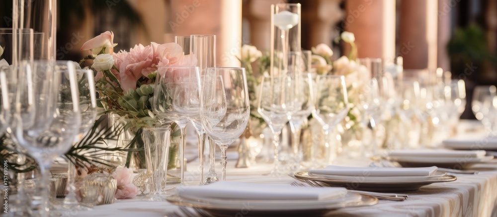 Poster a beautifully set table adorned with an array of tableware, drinkware, and flowers, creating a stunn
