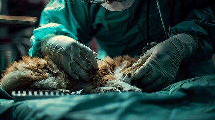 Veterinarian performing surgery on a cat, pet healthcare, emergency medical procedure in clinic
