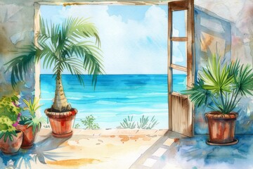 Watercolor of a beach house with open windows Scenery of the turquoise sea