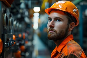 Focused engineer in orange safety helmet inspecting machinery in industrial environment, representing dedication and precision in technical maintenance
