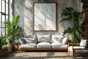 White canvas for mockup with blurred brick wall room interior