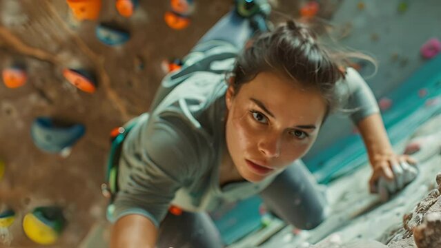Looking down on a determined young brunette woman climbing an indoor climbing wall