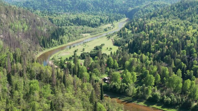 Southern Urals, Kultamak tourist base by the Zilim River. Aerial view.