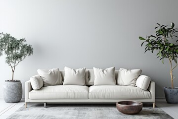 Fototapeta premium A white couch positioned next to a green potted plant in a room