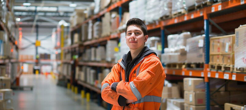 A confident male warehouse worker is standing in a bright distribution center. The warehouse has abundant natural light, creating a pleasant work environment.