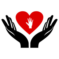 Hands holding heart. Hands up with hearts. Heart in hand. Vector icon. Charity Silhouette icons. Volunteer Poster. Donation, Love Icons.