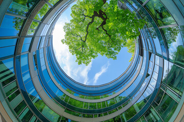 S hd, modern building with glass windows and green trees inside circular design architecture - Powered by Adobe