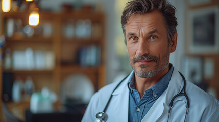 Fototapeta premium Doctor posing in a healthcare setting with a stethoscope hanging over his shoulder