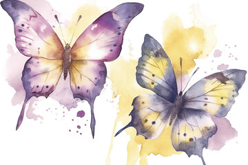 Watercolor illustration purple delicate postcard banner butterflies design yellow