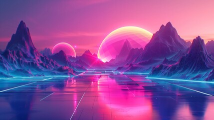 Futuristic fantasy landscape with neon glow and majestic mountains under a purple sky, digital art scenery.
