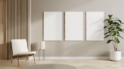 Fototapeta na wymiar White canvas for mockup with blurred brick wall room interior