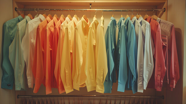 A closet filled with a variety of colorful shirts hanging on clothes hangers, showcasing a range of tints and shades in fashion design on rectangular racks