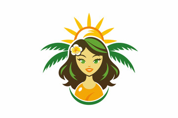 Obraz na płótnie Canvas girl-face--with-coconut-tree-and-sun-logo-vector-design