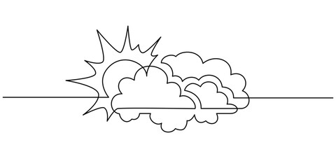 Continuous line sun with clouds sketch. One line doodle art drawing, creative weather icon isolated. Editable thin stroke