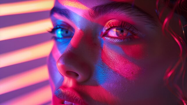 Vivid close-up of a young woman in neon lighting, intense gaze with striking colors casting shadows.
