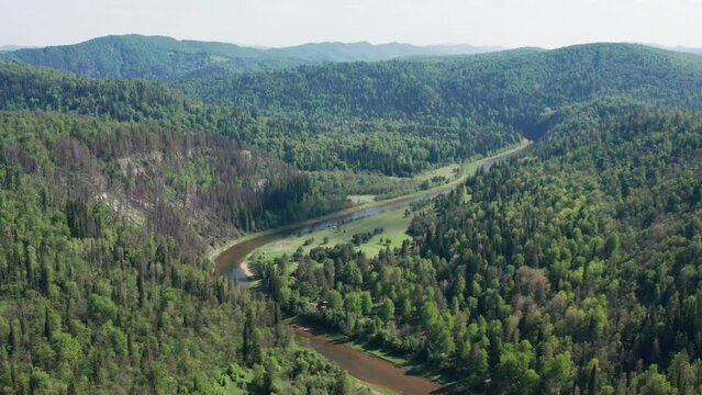 Southern Urals, Kultamak tourist base by the Zilim River. Aerial view.